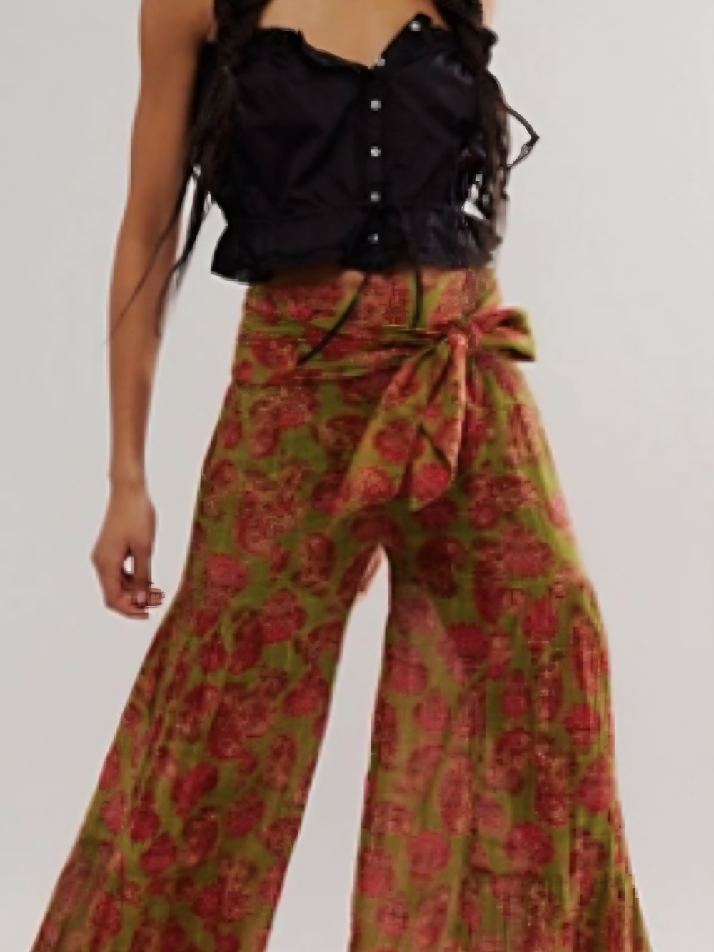Tie-Waist Floral Wide-Leg Pants in Olive & Coral